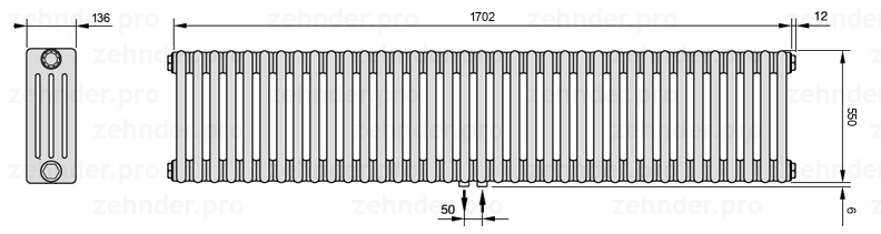 Схема (чертеж) Радиатор Zehnder Charleston 4055/37 №5410 Белый глянцевый RAL 9016